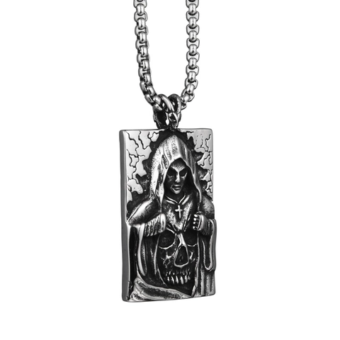 Vintage Stainless Steel Grim Reaper Skull Pendant Necklace Gothic Punk Rock Square Plate Pendant Hip Hop Jewelry For Men Women