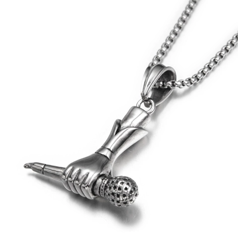 Hip Hop Stainless Steel Hand Holding Microphone Pendant Necklace Rock Punk Music Jewelry For Men Women Vintage Accessory