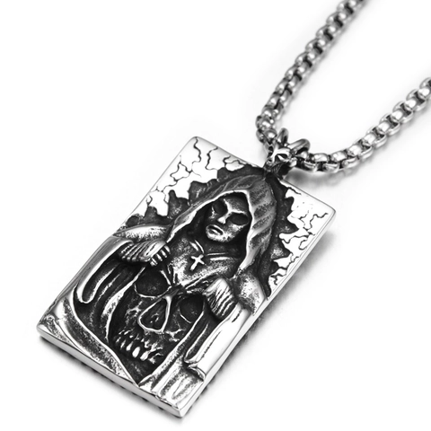 Vintage Stainless Steel Grim Reaper Skull Pendant Necklace Gothic Punk Rock Square Plate Pendant Hip Hop Jewelry For Men Women
