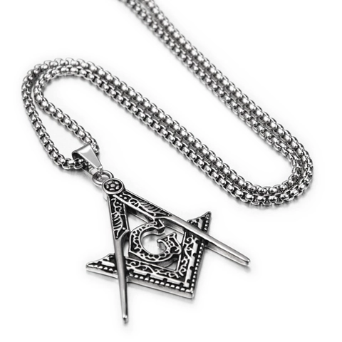 Retro Stainless Steel Freemasonry Pendant Necklace For Men Women Hiphop Rock Carved Square Compass Letter G Charm Jewelry Gift