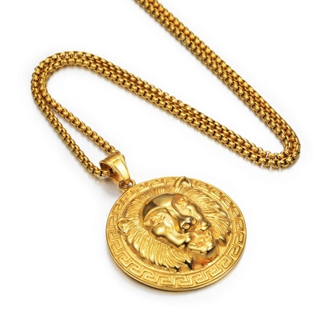 Hip Hop Lion Head Medallion Pendant Necklace Relief Greek Meander Pattern Titanium Steel Gold Plated Punk Rock Fashion Jewelry For Men Women Gift