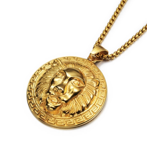 Hip Hop Lion Head Medallion Pendant Necklace Relief Greek Meander Pattern Titanium Steel Gold Plated Punk Rock Fashion Jewelry For Men Women Gift