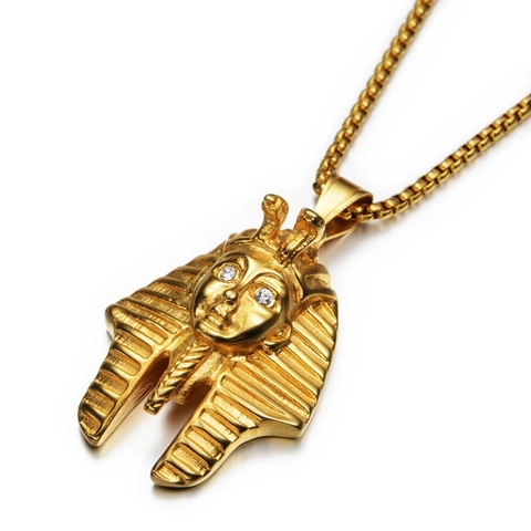 Collier Pendentif Masque de Pharaon de l'Égypte Ancienne Hip Hop Acier Inoxydable Or Strass Bijoux pour Hommes Femmes