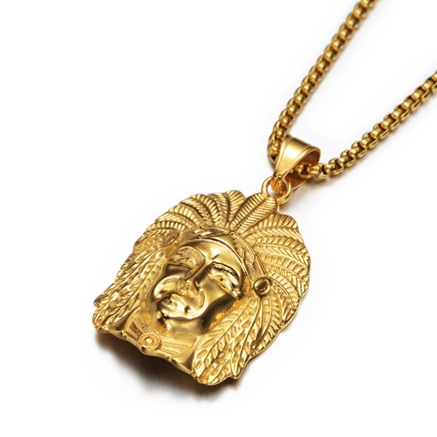 Hip Hop Vintage Stainless Steel Indian Chief Head Pendant Necklace For Men Women Gold Plated Ethnic Street Jewelry Gift
