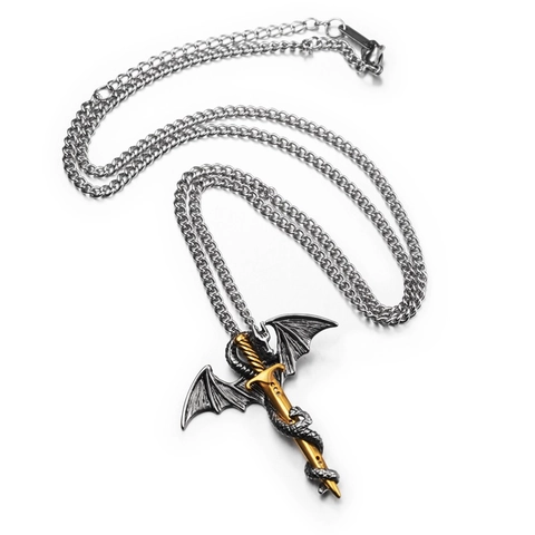 Collier Pendentif Épée Dragon Gothique en Acier Inoxydable Hip Hop Punk Bijoux Streetwear pour Hommes Femmes Style Fantaisie