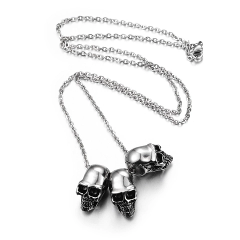 Collier Pendentif Trois Crânes en Acier au Titane Hip Hop Gothique Punk Bijoux de Fête Streetwear Rétro pour Hommes