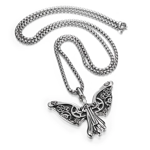 Collier Steampunk Papillon Mécanique en Acier Inoxydable Pendentif Ailes d'Engrenage Industriel Rétro Bijoux Hip Hop pour Hommes Femmes