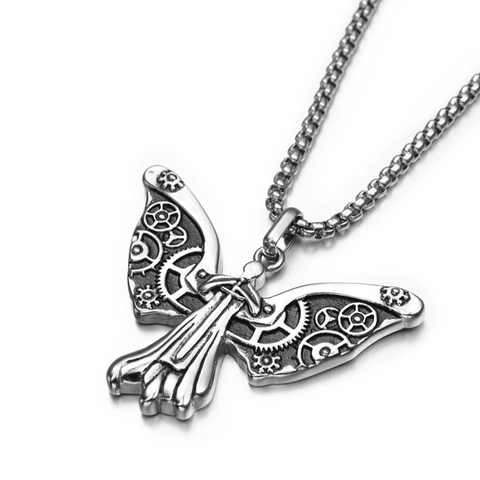 Collier Steampunk Papillon Mécanique en Acier Inoxydable Pendentif Ailes d'Engrenage Industriel Rétro Bijoux Hip Hop pour Hommes Femmes