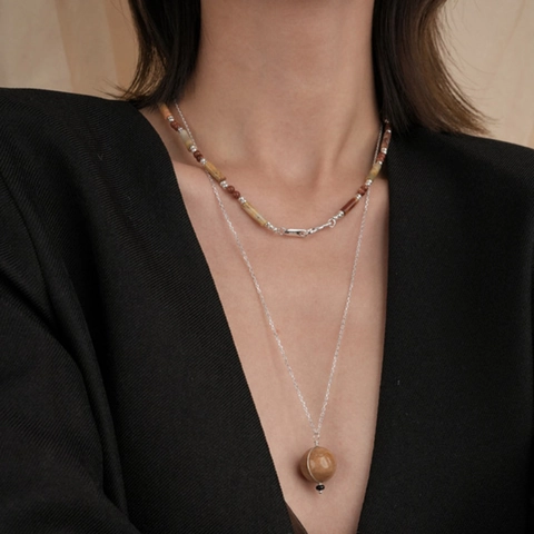 Κολιέ Maillard Style Vintage Tiger Eye Stacked Χάλκινο Επαργυρωμένο Διπλό Κολιέ με Μενταγιόν με Χάντρες για Γυναίκες