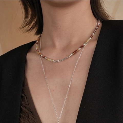 Κολιέ Maillard Style Vintage Tiger Eye Stacked Χάλκινο Επαργυρωμένο Διπλό Κολιέ με Μενταγιόν με Χάντρες για Γυναίκες
