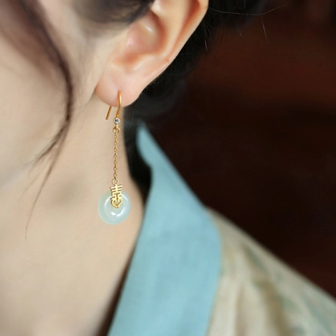 Neuer Chinesischer Stil Doppeltes Glück Pingan Schnalle Lange Ohrhänger Vintage Gold Kupfer Schmuck Mit He Tian Jade Und Strass Für Damen