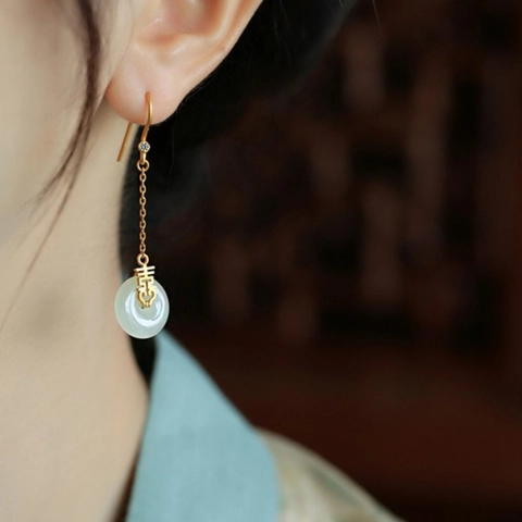 Neuer Chinesischer Stil Doppeltes Glück Pingan Schnalle Lange Ohrhänger Vintage Gold Kupfer Schmuck Mit He Tian Jade Und Strass Für Damen