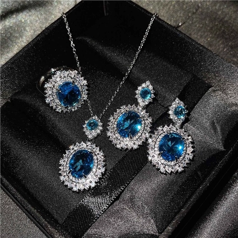 Französisches Luxus Schmuckset Kupfer Eingelegt Blauer Topas Rosa Zirkonia Gelber Kristall Halskette Ohrringe Ring Damen