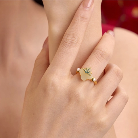 Chinesischer Vintage Kupfer Kleeblatt Ring Mit Simuliertem Jade Und Künstlicher Perle Emaille Verstellbarer Offener Ring Schmuck