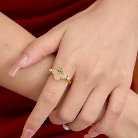 Chinesischer Vintage Kupfer Kleeblatt Ring Mit Simuliertem Jade Und Künstlicher Perle Emaille Verstellbarer Offener Ring Schmuck