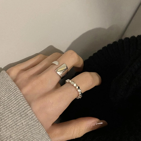 Minimalistisches Kupfer Perlen Offener Ring Für Damen Geometrischer Würfel Verstellbar Silber Platin Überzogen Fingerring