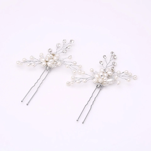 Handgefertigte Braut Haarnadeln U-Form Blume Künstliche Perle Strass Silber Hochzeit Haarschmuck Für Damen Schmuck