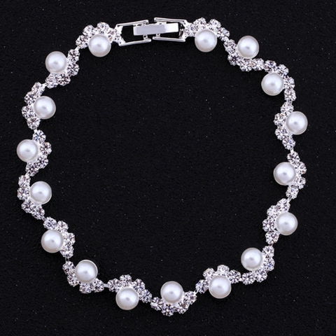 Elegant Alloy Artificial Pearl Rhinestone Bracelet For Women Bridal Wedding Party Jewelry Silver Color Wave Design