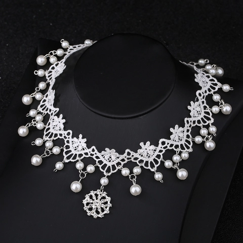 Elegant White Lace Choker Necklace With Faux Artificial Pearl Rhinestone Flower Pendant For Wedding Party Women Girls Jewelry
