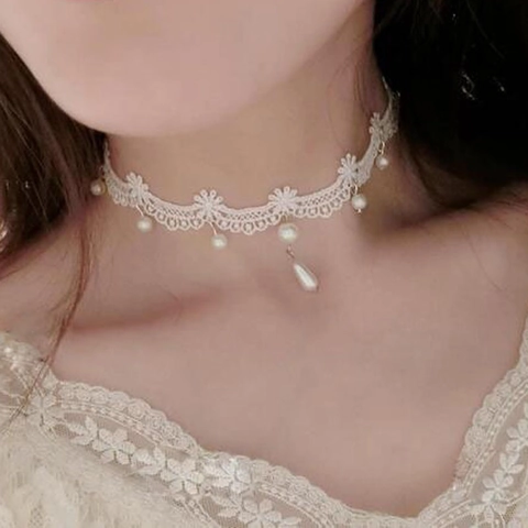 Halskette Im Koreanischen Stil Mit Weißer Spitze Und Kunstperlenanhänger Blumen Spitzenhalsband Für Damen Hochzeitsschmuck