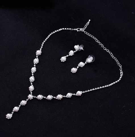 Elegant Faux Artificial Pearl Rhinestone Necklace Earrings Bracelet Wedding Jewelry Set For Bride Formal Party Event Silver Plated