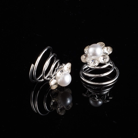 Silver Alloy Rhinestone Flower Spiral Hair Pins With White Imitation Artificial Pearl For Bridal Wedding Party Hair Accessories