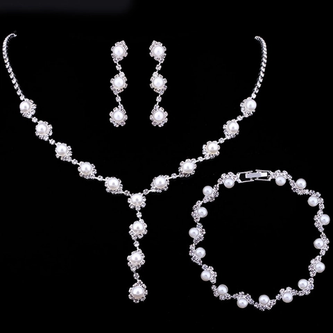 Elegant Faux Artificial Pearl Rhinestone Necklace Earrings Bracelet Wedding Jewelry Set For Bride Formal Party Event Silver Plated