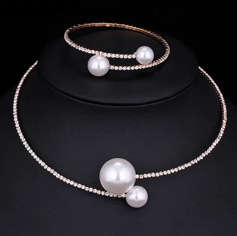 Elegantes Legierung Strass Künstliche Perlen Schmuck Verstellbare Halskette Und Armband Für Braut Hochzeit Party Damen Accessoires