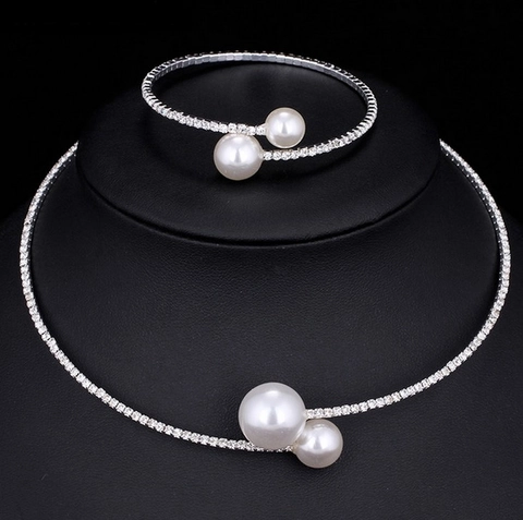 Elegantes Legierung Strass Künstliche Perlen Schmuck Verstellbare Halskette Und Armband Für Braut Hochzeit Party Damen Accessoires