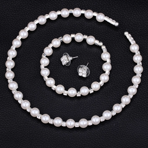 Alloy Faux Artificial Pearl Rhinestone Jewelry Set Choker Necklace Bracelet Stud Earrings For Bridal Wedding Party Women Accessories