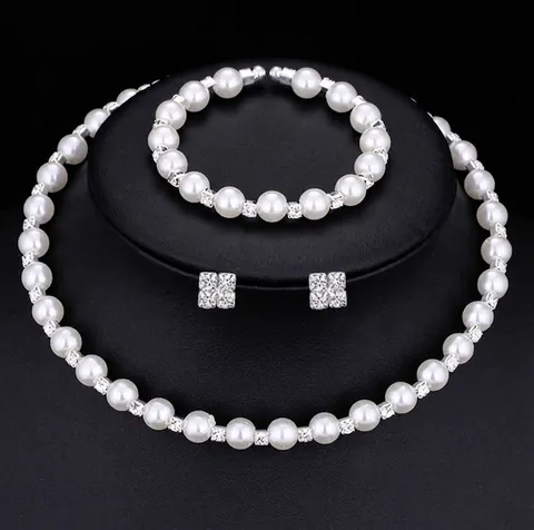 Alloy Faux Artificial Pearl Rhinestone Jewelry Set Choker Necklace Bracelet Stud Earrings For Bridal Wedding Party Women Accessories