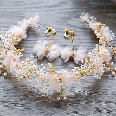 Copricapo da Sposa Fatto a Mano Fiore in Rete Perla Artificial Sintetica Libellula Dorata Cerchietto Orecchini Set Rosa Champagne Bianco Accessori Capelli Matrimonio