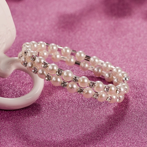Elegant Faux Artificial Pearl Elastic Cuff Bracelet Sparkling Square Rhinestone Multi Row Wedding Bridal Women Jewelry Accessory