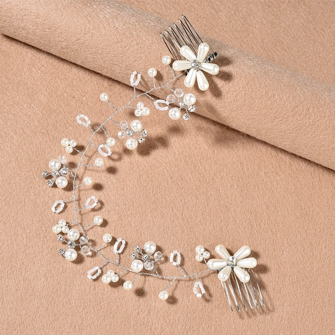 Tralcio di Capelli da Sposa in Argento Fatto a Mano Con Perle Artificiali e Strass Elegante Copricapo a Pettine Floreale da Sposa per Donna