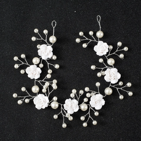 Handmade Bridal Hair Vine White Polymer Clay Rose Flower Artificial Pearl Wedding Headband Alloy Wire Hair Accessories