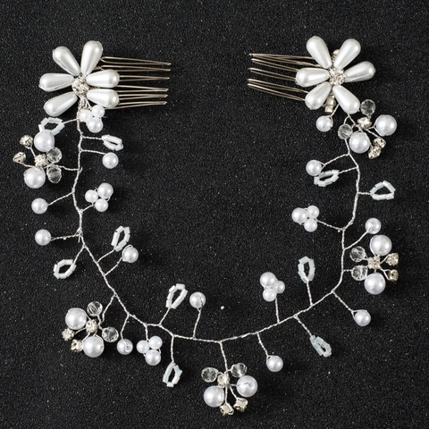 Tralcio di Capelli da Sposa in Argento Fatto a Mano Con Perle Artificiali e Strass Elegante Copricapo a Pettine Floreale da Sposa per Donna