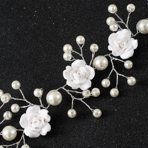 Handmade Bridal Hair Vine White Polymer Clay Rose Flower Artificial Pearl Wedding Headband Alloy Wire Hair Accessories