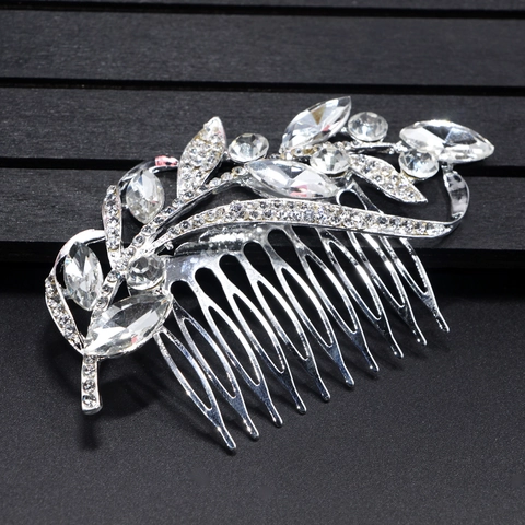 Peigne à Cheveux Mariée en Alliage Argent avec Feuilles Strass Marquise pour Femme Élégant Accessoire Coiffure Mariage