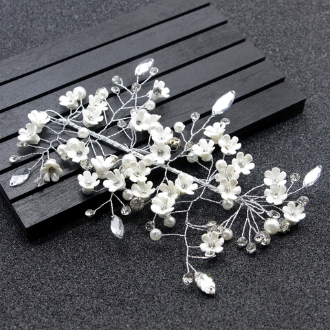 Handmade Korean Style White Flower Rhinestone Artificial Pearl Bridal Headband Hair Vine Wedding Party Headwear For Women