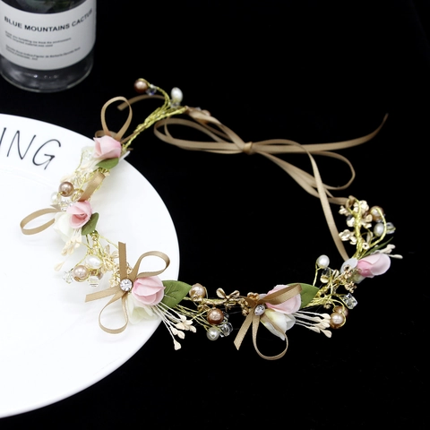 Cerchietto a Ghirlanda di Fiori Fatto a Mano Con Perla Artificiale Strass Fiocco per Bambini Damigella Matrimonio Accessorio Capelli