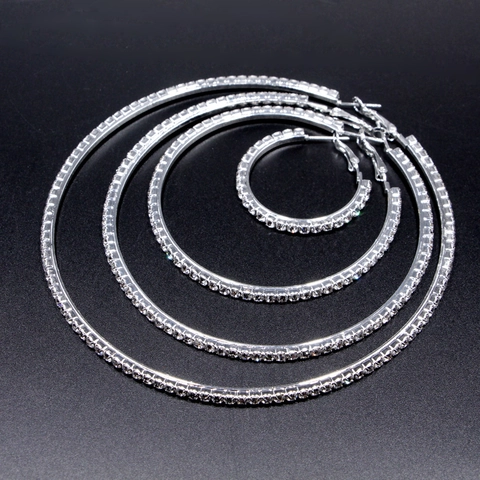 Oversized Silver Rhinestone Hoop Earrings For Women Alloy Hip Hop Street Style Wedding Party Fashion Circle Earrings Jewelry