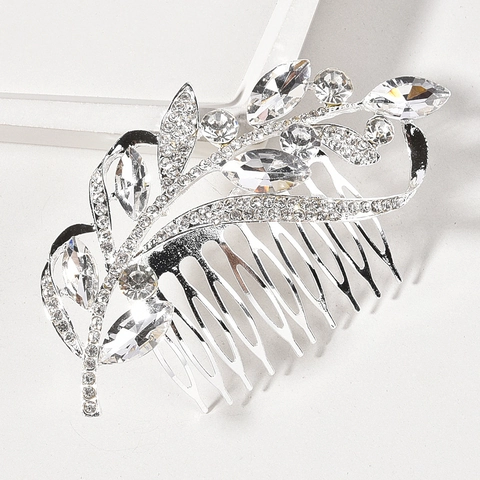 Peigne à Cheveux Mariée en Alliage Argent avec Feuilles Strass Marquise pour Femme Élégant Accessoire Coiffure Mariage