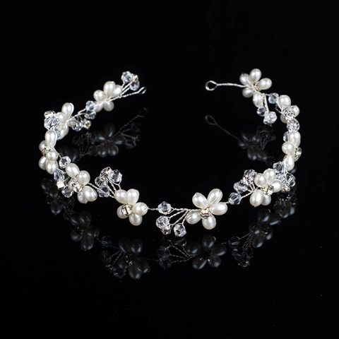 Fascia per Capelli da Sposa Artigianale a Fiori d'Argento Con Perla Artificiale Cristallo Strass Accessorio per Donna