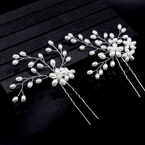 Bridal Handmade Faux Artificial Pearl Hair Pins U-Shaped Alloy Branch Flower Hair Sticks For Wedding Party Women Headwear Accessories