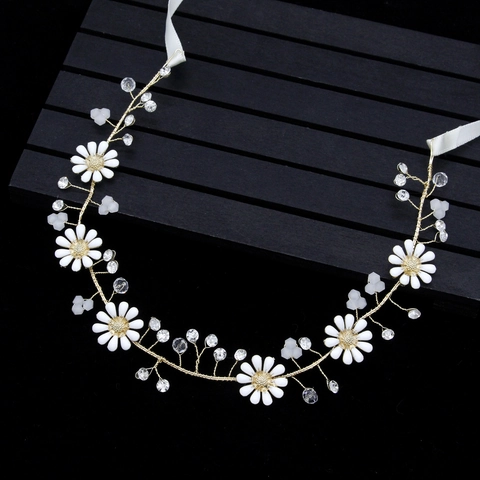 Diadema de Novia de Aleación de Oro Hecha a Mano Con Margarita Blanca Perla Artificial Strass Cinta para Boda Mujer Accesorios para el Cabello