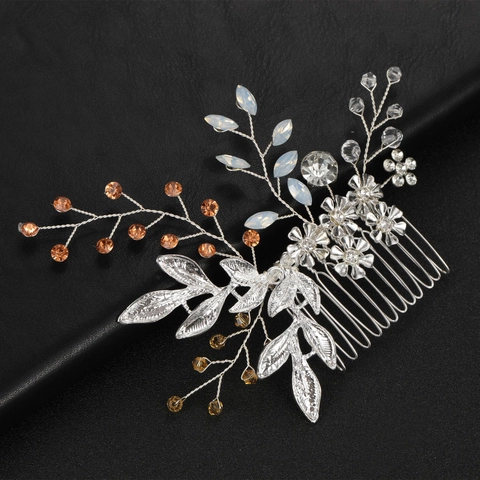 Peine para el Cabello de Novia de Aleación de Plata Estilo Europeo Strass Cristal Hoja Flor Tocado de Boda Hecho a Mano Mujer Joyería