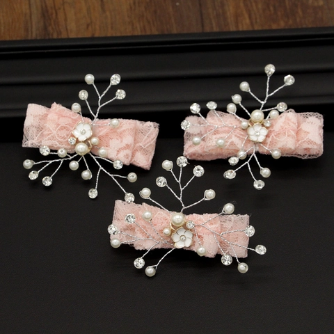 Girls Lace Bow Hair Clips With Faux Artificial Pearl Rhinestone Enamel Flower Elegant Princess Hair Accessory For Birthday Wedding