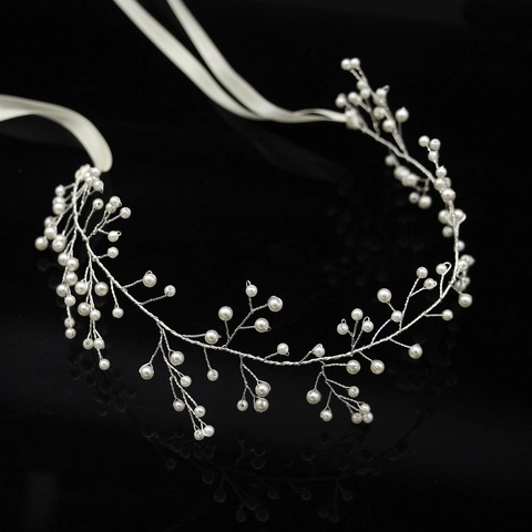 Handmade Braided Artificial Pearl Bridal Hair Vine Korean Minimalist White Ribbon Headband For Wedding Party Women Jewelry