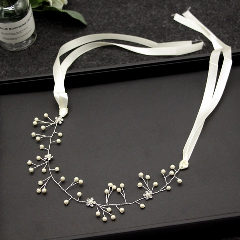 Handmade Alloy Artificial Pearl Rhinestone Bridal Hair Vine Elegant Flower Headband With Satin Ribbon For Wedding Party Women Jewelry Accessories