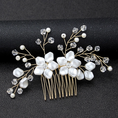 Elegante Peine para el Cabello de Novia Perla Artificial Flor de Cristal Tocado de Boda Hecho a Mano Vintage Oro Plata para Mujer Fiesta
